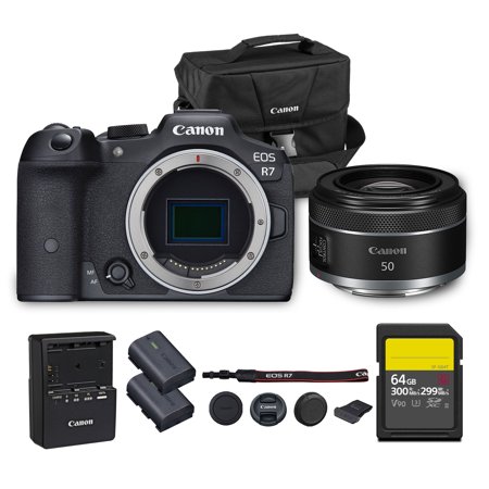 Canon EOS R7 Mirrorless Camera | 32.5MP APS-C Sensor 4K 60p Video | Fast Autofocus In-Body Stabilization for Wildlife and Sports (5137C002) + Canon RF 50mm f/1.8 STM Lens + LP-E6P Battery + More