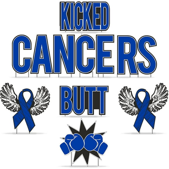Dark Blue Colored Kicked Cancers Butt Yard Decor Set, Cancer Survivor Yard Signs, 12pcs Includes Stakes 19391