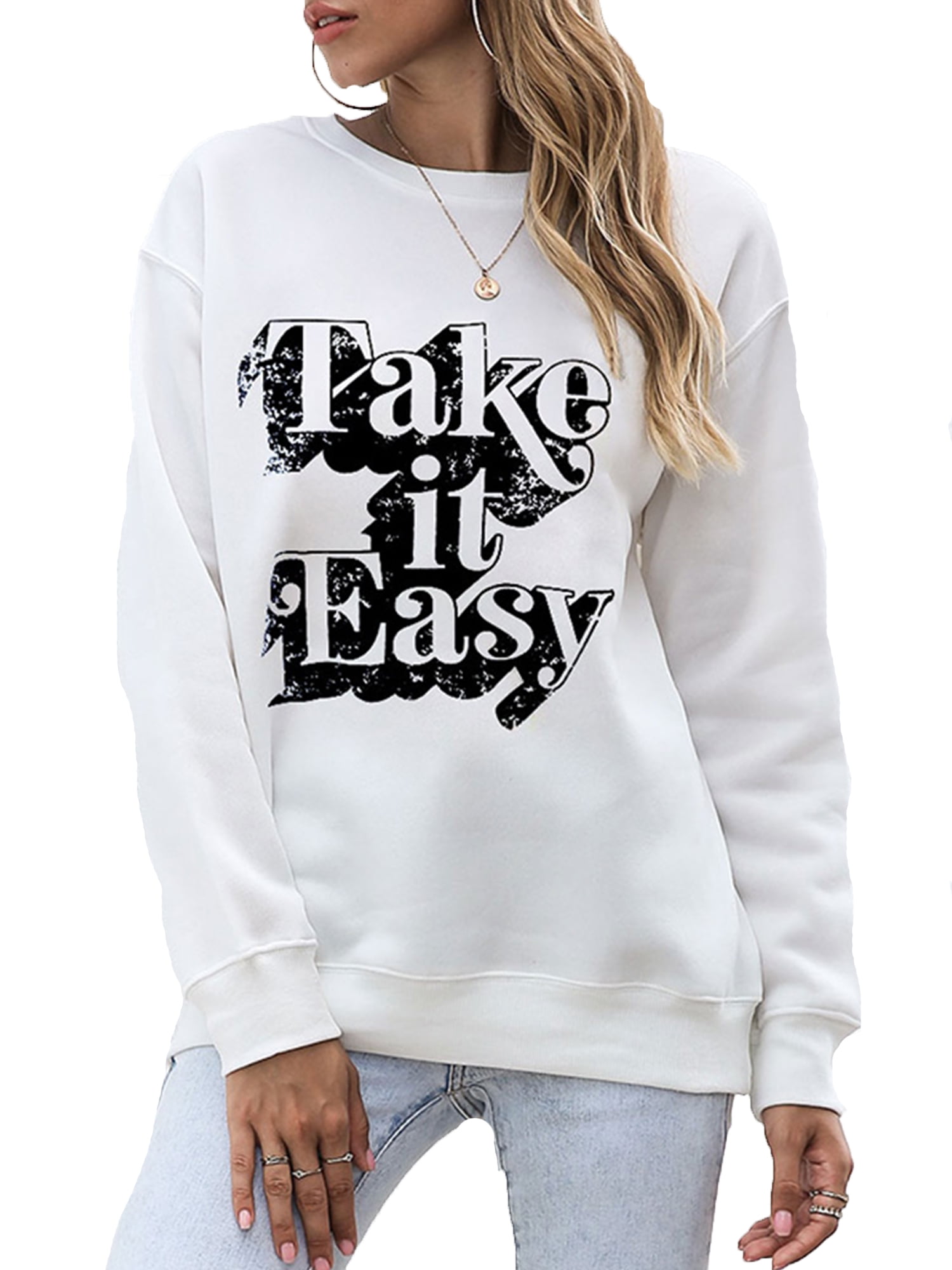 Womens Round Neck Sweater Loose Tops Pullover Long Sleeve Print Sweatshirt Basic Jumper Blouse Shirts 