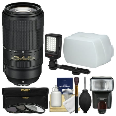 Nikon 70-300mm f/4.5-5.6E VR AF-P ED Zoom-Nikkor Lens with 3 UV/CPL/ND8 Filters + Flash & Diffuser + Video Light +