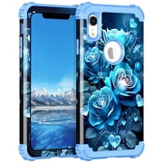 Casetego for iPhone XR Case,3 in 1 Heavy Duty Hybrid Sturdy High Impact Shockproof Rugged Full Body Protective Hard PC+Soft TPU Bumper Cover Case,Blue Flower