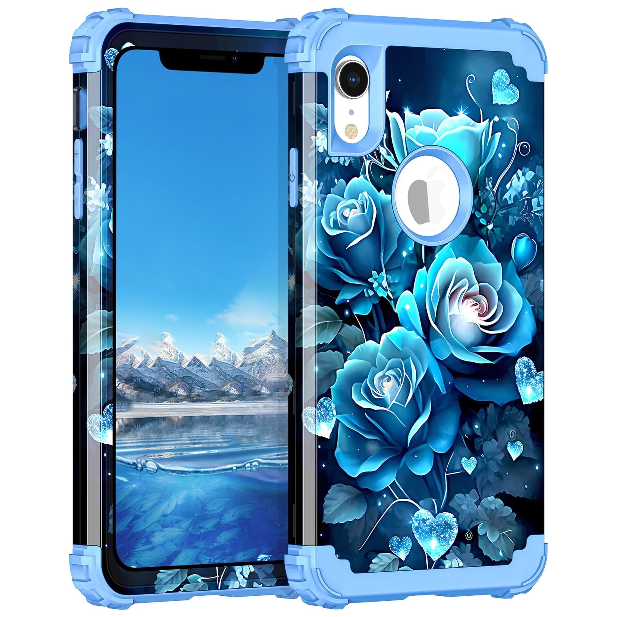 Casetego for iPhone XR Case,3 in 1 Heavy Duty Hybrid Sturdy High Impact Shockproof Rugged Full Body Protective Hard PC+Soft TPU Bumper Cover Case,Blue Flower