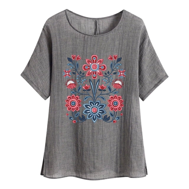 Camiseta de Mujer Camiseta de Manga Corta Impresión Casual Raglan Suelto de Lino Top Blusas, Cuello de la Tripulación