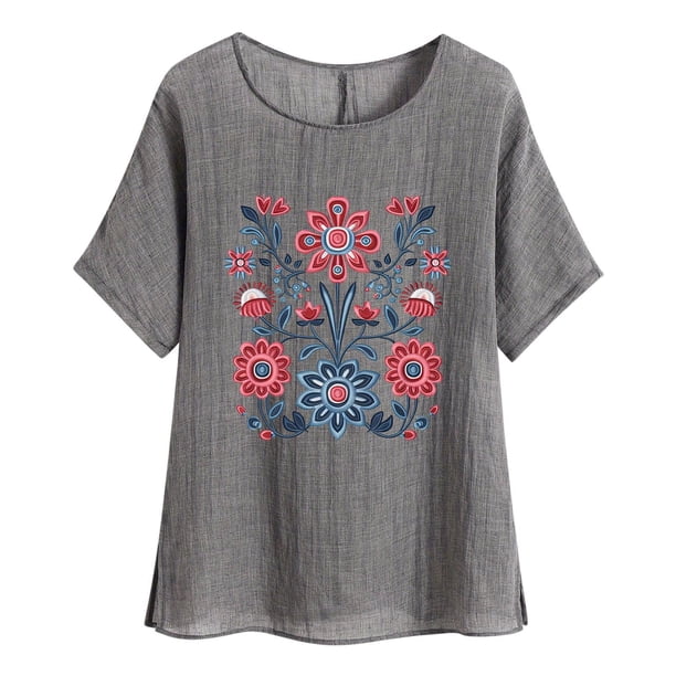 Camiseta de Mujer Camiseta de Manga Corta Impresión Casual Raglan Suelto de Lino Top Blusas, Cuello de la Tripulación