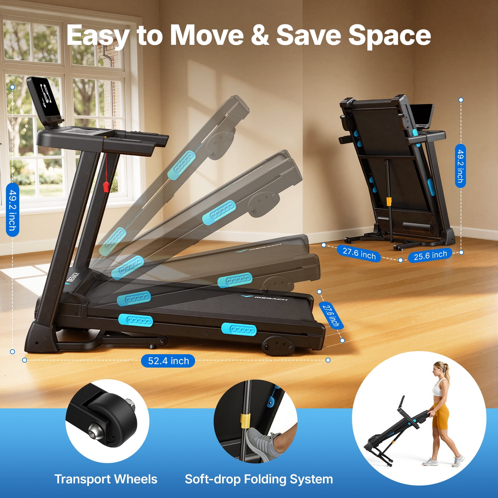 MERACH 2.5HP Folding Treadmill with Incline, Fitness Treadmill for Home with APP, 0.8-7.5MPH, LED Display