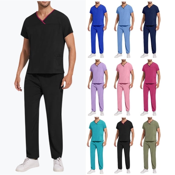 Men’s V-Neck Scrub Set - Durable Medical Uniform for Doctors/Nurses | Multi-Pocket Workwear with Elastic Waist Pants