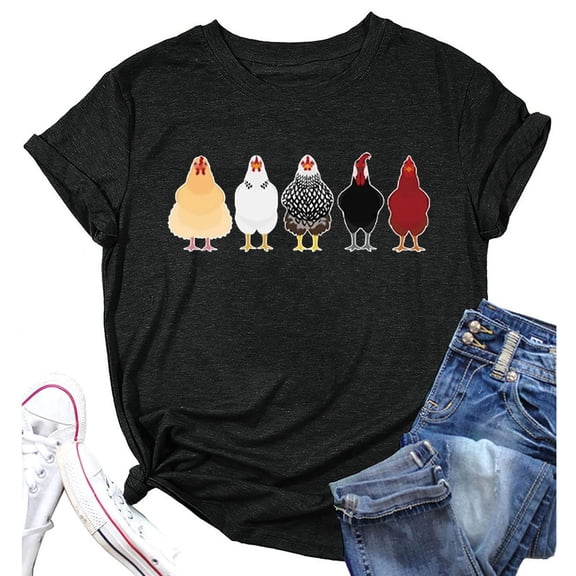 Womens Fashion Tees Tops Letter Print Short Sleeves Funny Chicken Graphic Dressy Casual Clothes