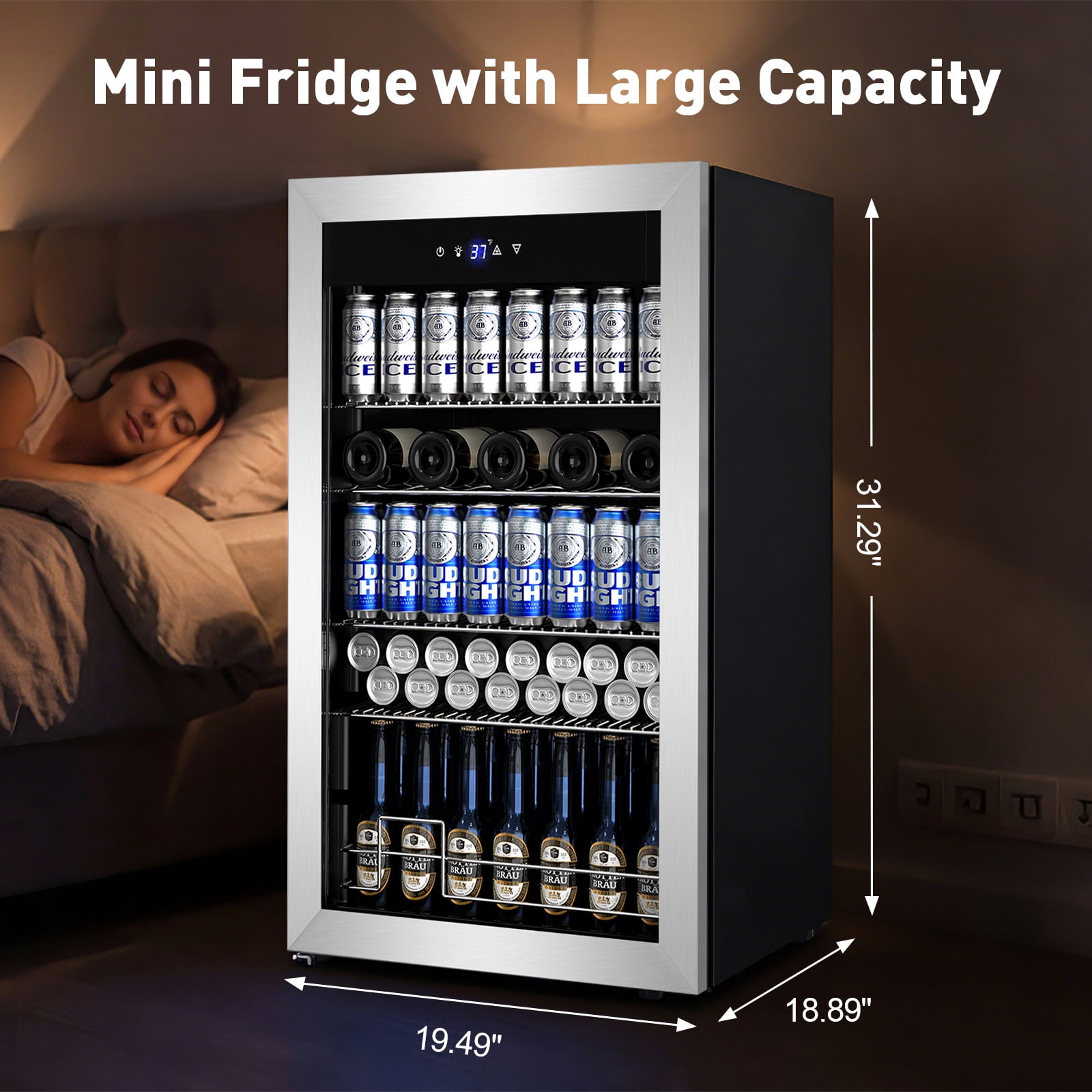 TITTLA Mini Fridge 150 Can Beverage Refrigerator and 9 bottles,with Adjustable Removable Shelves Glass Door, for Soda Wine Beer ,Silver