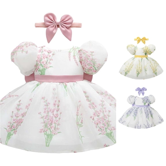 FYDUU Baby Girls Dress Puff Sleeves Floral Print Tulle Princess Dresses Toddler Birthday Party Wedding Gown Flower Girl Dress 18-24 Months