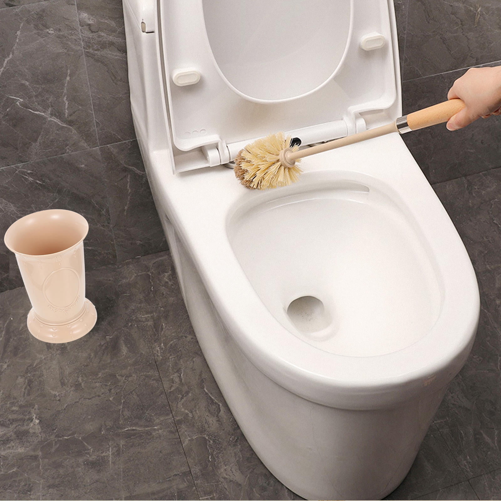 SKISUNO Sanitary Toilet Brush Set Khaki Wooden Handle Soft Bristles Home Bathroom