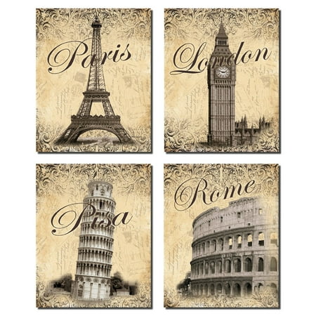 Trendy Popular Landmark Postcard Travel Prints; Paris, Rome, London, Pisa; Four 8x10in