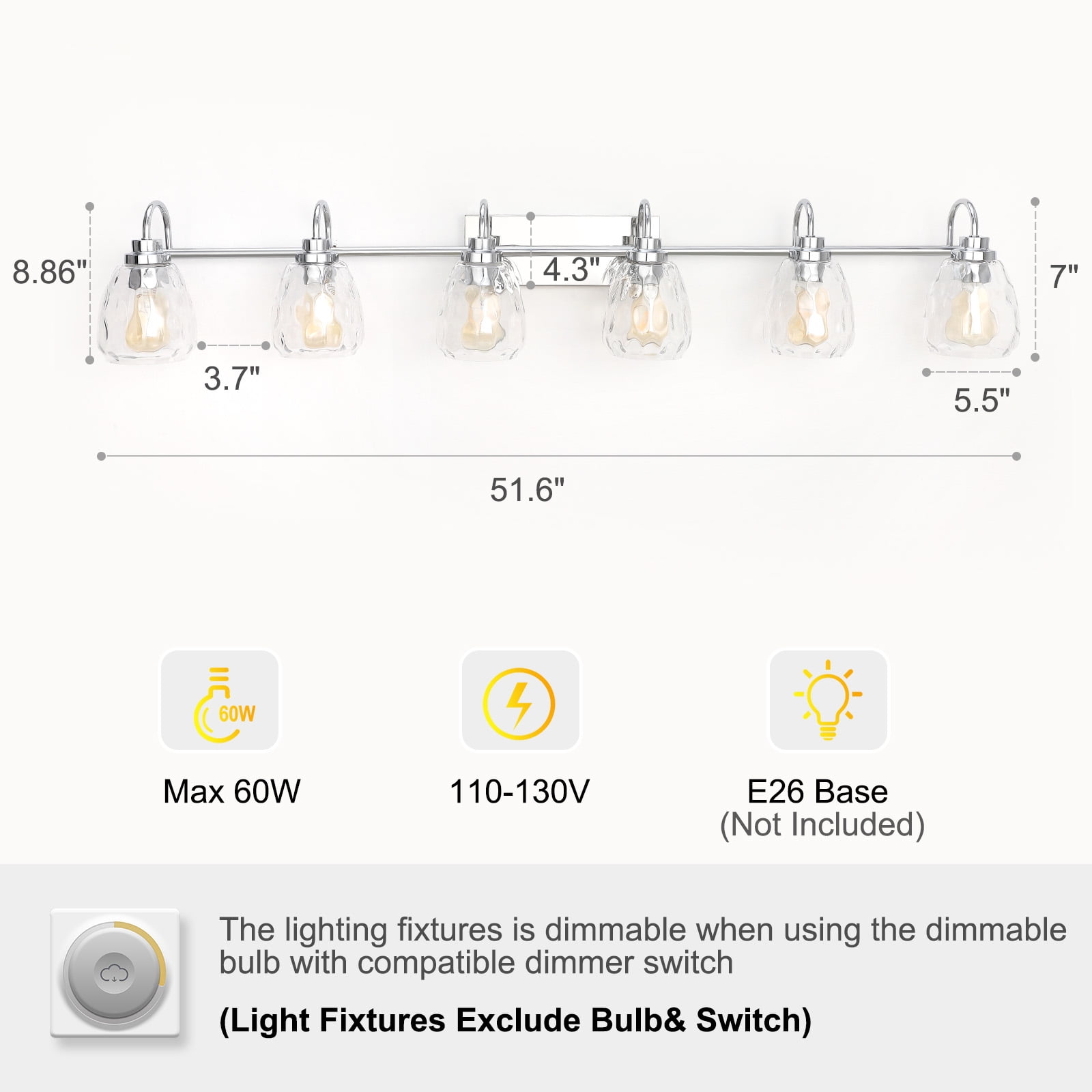 3/4/5/6 Light Bathroom Light Fixtures, Chrome Vanity Light Fixtures Over Mirror Wall Mount Lighting Fixture with Hammered Glass Shade E26 Socket for Hallway Kitchen Bedroom Living Room