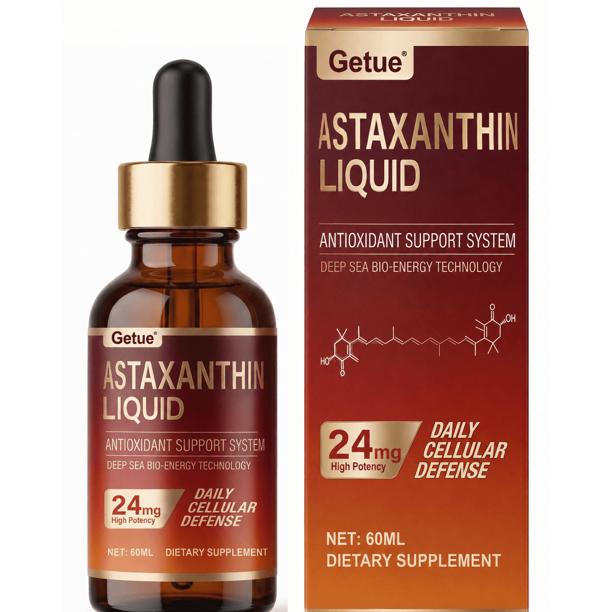 Getue Astaxanthin Liquid Drops 24mg, Deep Sea Bio-Energy Antioxidant Support System For Daily Cellular Defense, 60ml Dietary Supplement