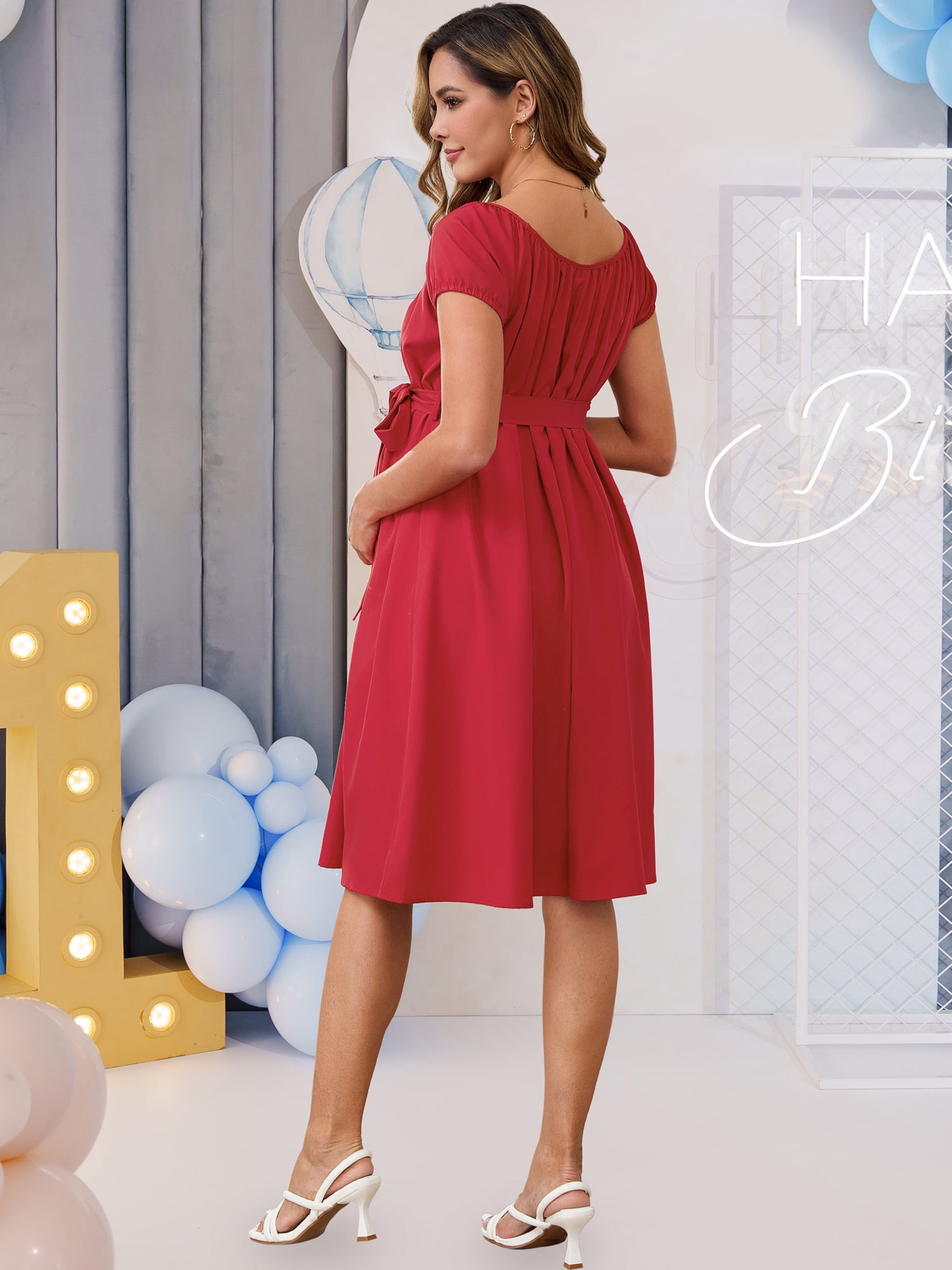 DARING DIVA Women's Midi Short Sleeve Boho Tie Waist Maternity Dress S Red