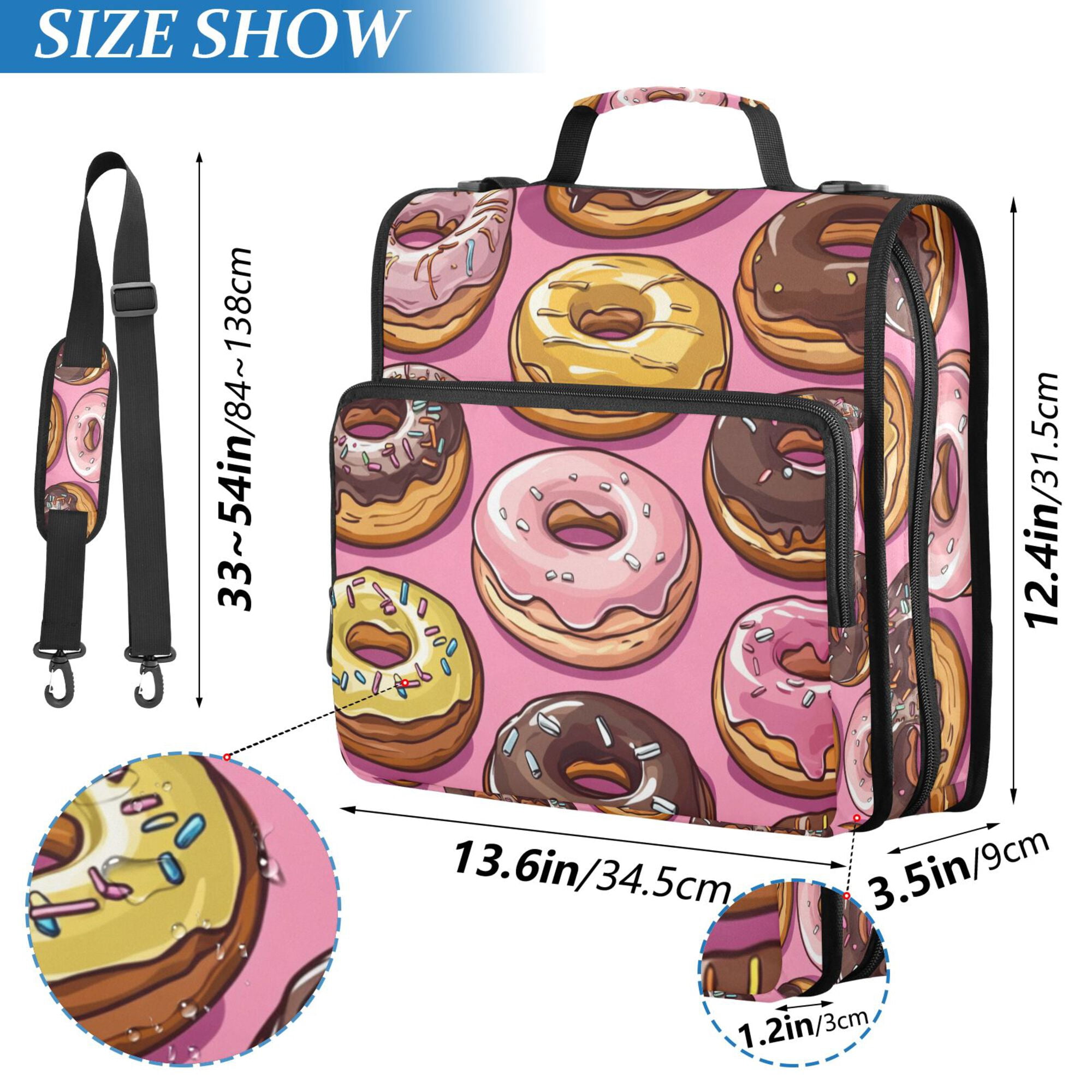 FORMRS Zipper Binder with Shoulder Strap 2-inch Ring 500 Sheet Capacity File Bag, Cute Doughnuts Pattern