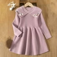 thumbnail image 4 of IVEYRTF Girls Solid Color Jacquard Knitted Dress Sweater Long Sleeve Round Neck Fall Winter Casual French Everyday Outfit for Kids 3-8 Years(Pink,5 Years), 4 of 7