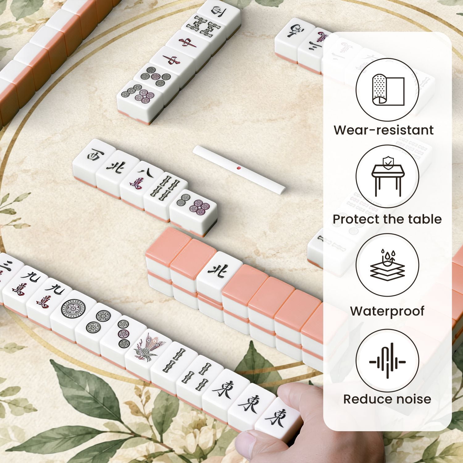 Mahjong Mat 31.5" x 31.5" Green Beige Floral Wreath Gold Circular Frame Botanical Non-Slip Noise Reduction Mahjong Tiles Table Cover for Dominoes Poker Card Board and Tile Games