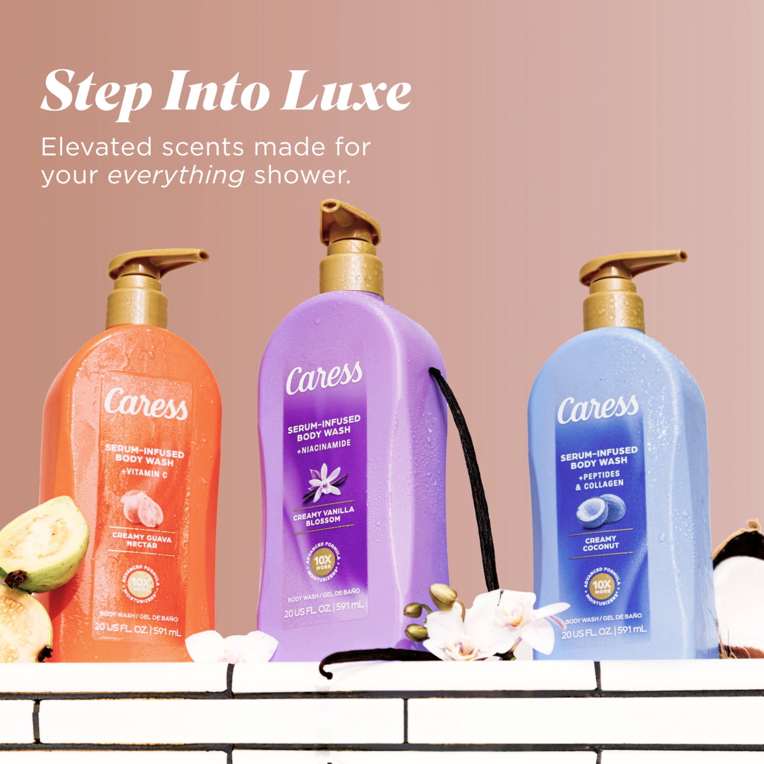 Caress Creamy Guava Nectar Body Wash, Serum-Infused Moisturizing Wash, Long-Lasting Fragrance, 20 oz