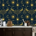 thumbnail image 2 of Floral Peel and Stick Wallpaper 17.7in x 9.8ft Golden Celestial Sun Moon Peacock Feathers Deep Blue Contact Paper Vinyl Waterproof Self Adhesive Wall Paper for Bedroom Shelf Cabinet Renter Friendly, 2 of 8