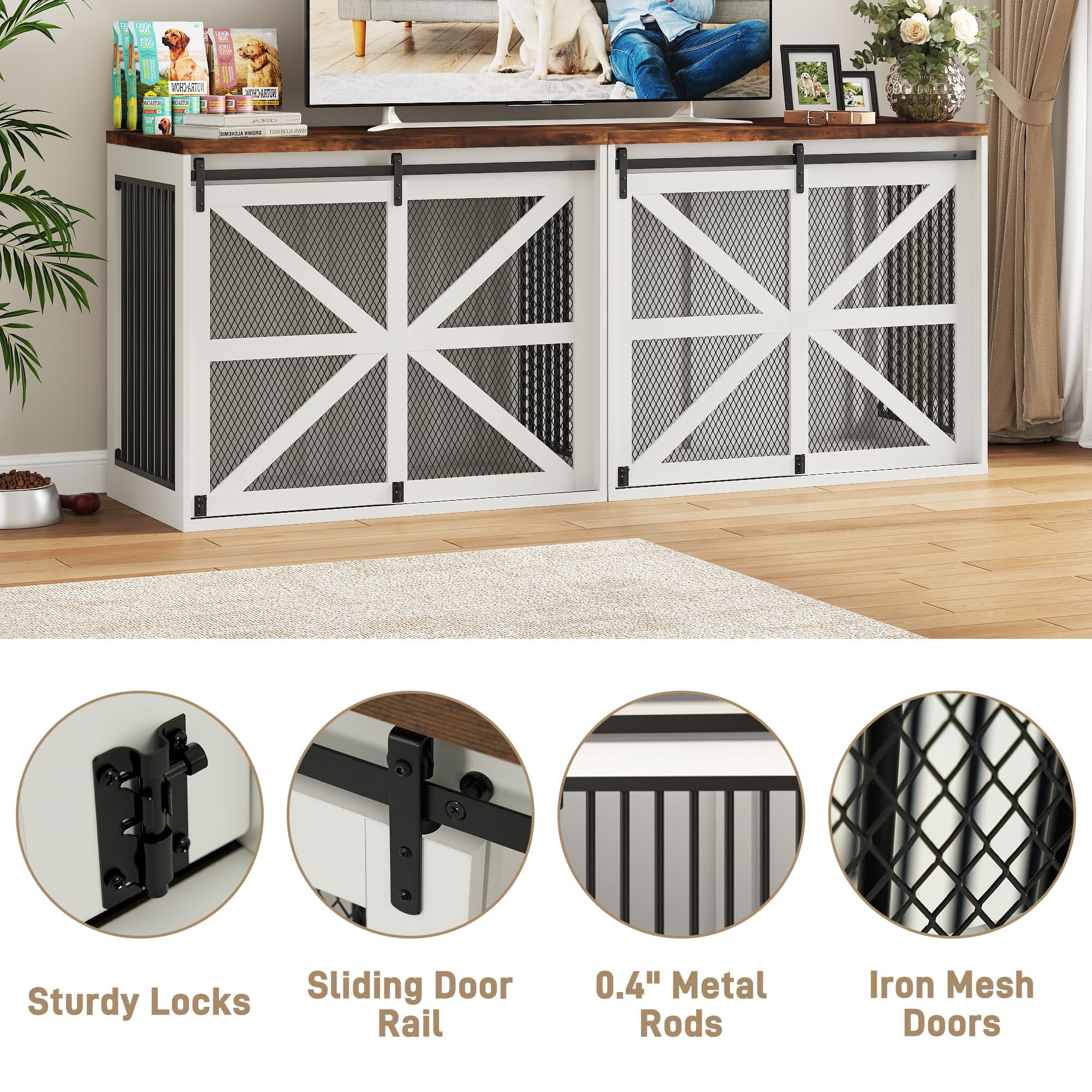 Blotout 43.3" Farmhouse Dog Crate Furniture, Wooden Dog Crate Furniture with Sliding Metal Mesh Barn Door, Solid Metal Tube & 2 Lockable Doors, XL Rustic Brown