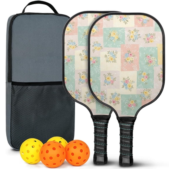 Pickleball Paddles Set,Pioneer Flower Floral Print Pattern Fiberglass Surface Pickleball Racket Set with 2 Indoor Outdoor Pickleball Balls and Pickleball Bag,Pickle-ball Equipment
