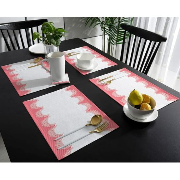 Happy Mother''s Day Placemats Set of 6 - Washable Woven Burlap Cloth Fabric Placemat for Square/Rectangle/Round/Oval Dining Table,Boho Polka Dot Stripes Pink Floral Flower Easy Clean Place Mats