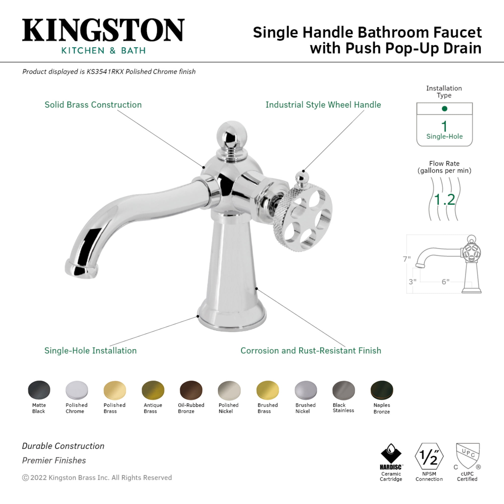 Kingston Brass KS3548RKX Webb One-Handle Single-Hole Bathroom Faucet with Knurled Handle and Push Pop-Up Drain, Brushed Nickel