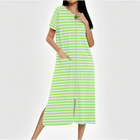 Camisón largo con cremallera para mujer, bata de punto, largo completo, color degradado, con bolsillos