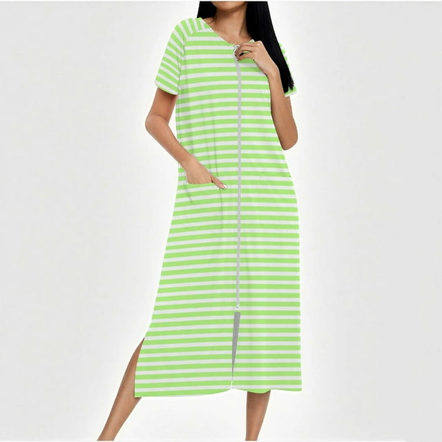 Women's Long Zip Up Knit Robe with Pockets - Cozy Full Length Housecoat for Lounge Wear and After Shower