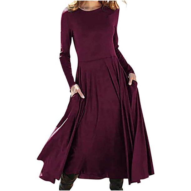 Vestido de manga larga para mujer Vintage Floral acampanado A-Line Swing Casual Party cuello redondo vestidos con bolsillos Fridja NMB1219