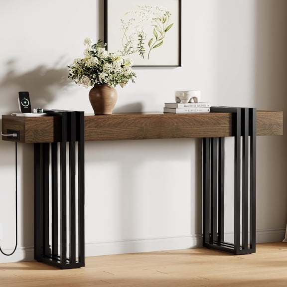 63" Long Console Table for Entryway - Narrow Entryway Table with Outlet | Wood Sofa Tables W/Metal Frame, Modern Entry Table, Behind Couch Table for Living Room, Hallway, Entrance, Foyer, Dark Walnut