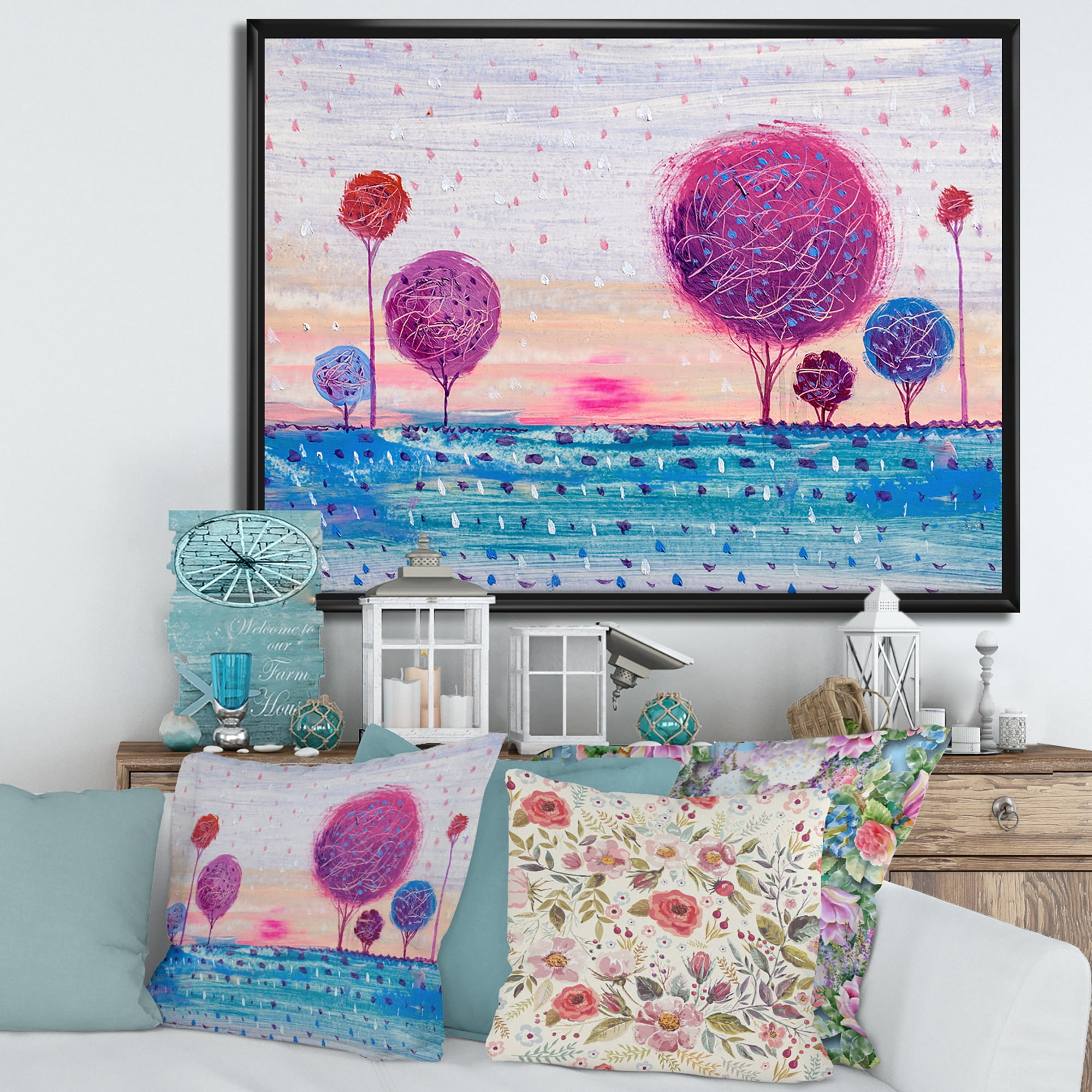 Designart 'Purple Coloured Tree Impression Landscape II' Modern Framed Canvas Wall Art Print