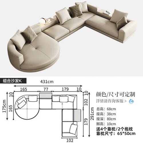 Italian minimalist leather sofa, grand villa, large family living room, modern simplicity, light luxury My Lux Decor Round