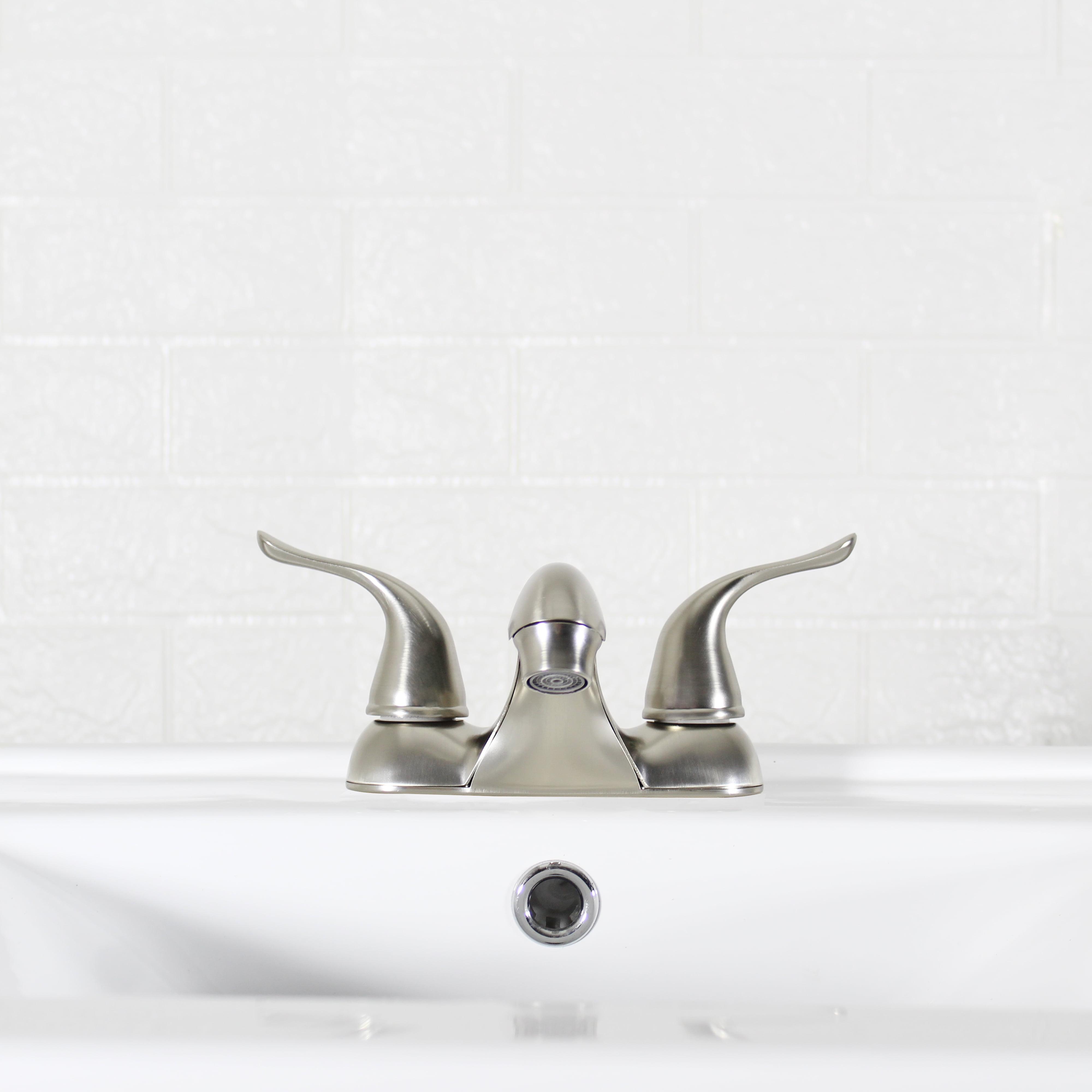 Mainstays 4-inch Centerset Bathroom Faucet with Push Pop-up, Dual Handle, Satin Nickel