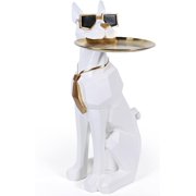 Resin Dog Side Table With Tray Butler Statue Tissue Box Accent End Table Unique Sculpture Geometric Statue Funky Furniture for Home Decor Modern (White)