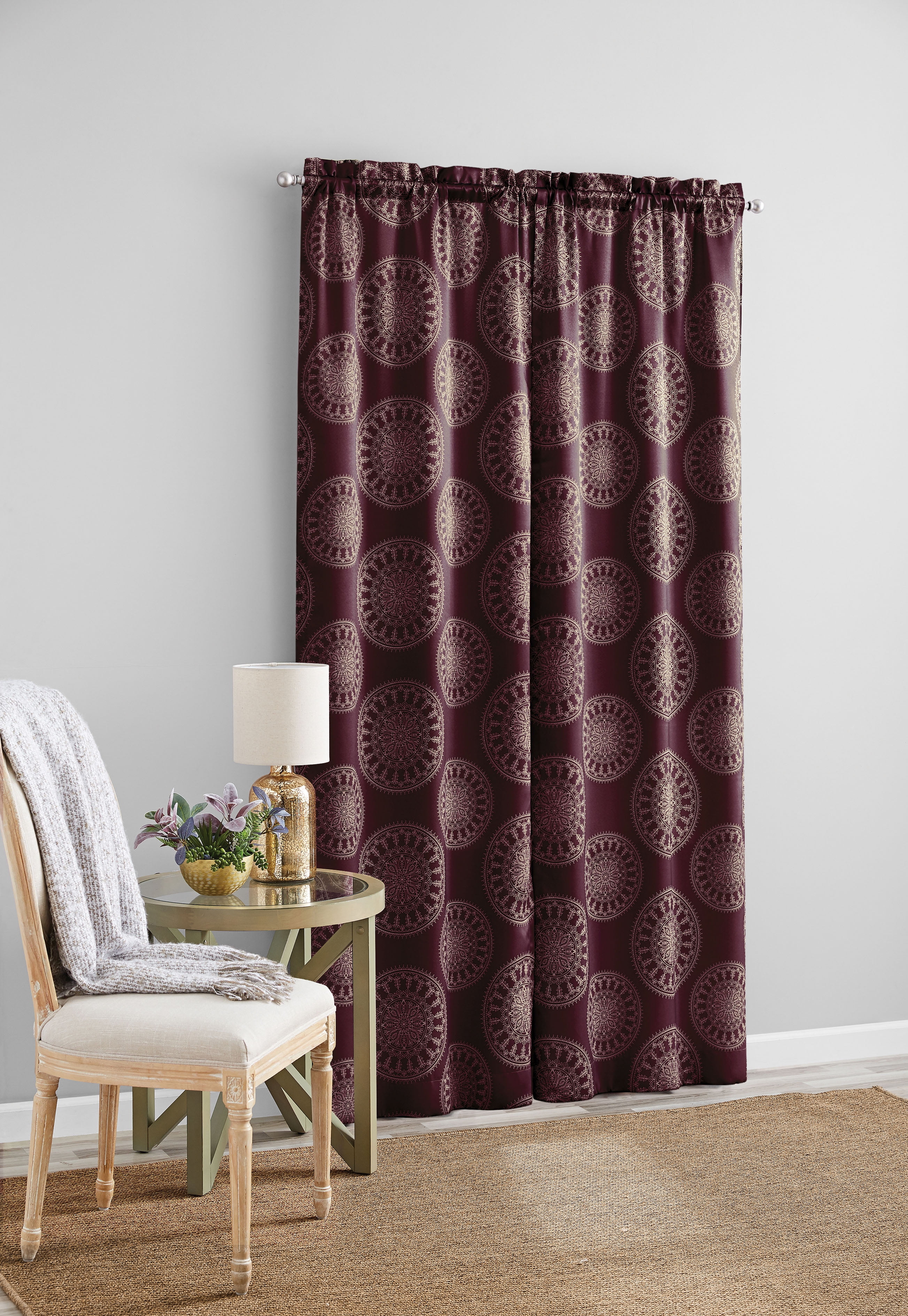 Mainstays Blackout Curtain Panel Pair, Set of 2, Medallion Burgundy, 30"W x 84"L