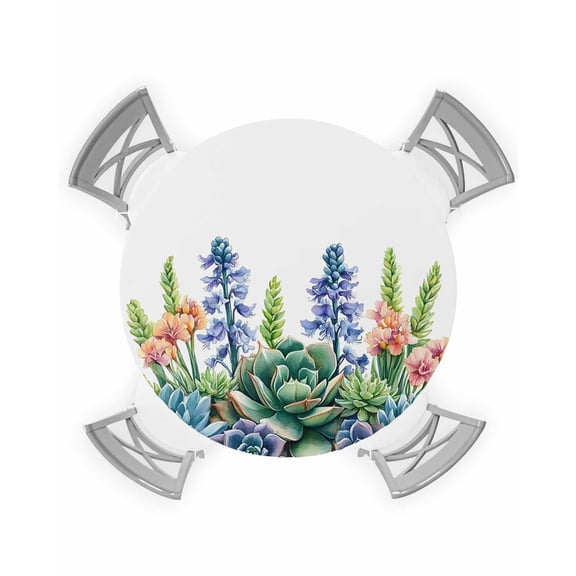 nqOlkjepod Summer Botanical Succulents Round Tablecloth, Fitted Table Cover with Elastic for 55"-60" Round Tables, Watercolor Spring Floral Table Cloth Outdoor Dinning Party Waterproof Tablecloths