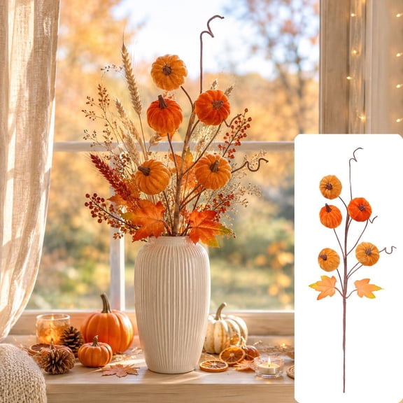 Artificial Pumpkin Maple Leaf Stem,Fall Harvest Floral Pick,Autumn Thanksgiving Decorative Branch for Vase Home Halloween Farmhouse Tabletop Decoration