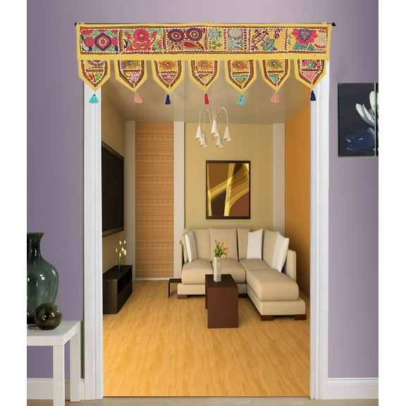 Stylo Culture Ethnic Cotton Valances For Windows Yellow Vintage Embroidered Patchwork Tassels Floral Scarf Curtain Topper Living Room Swag Curtain Door Hanging Toran | 38 x 14 Inches