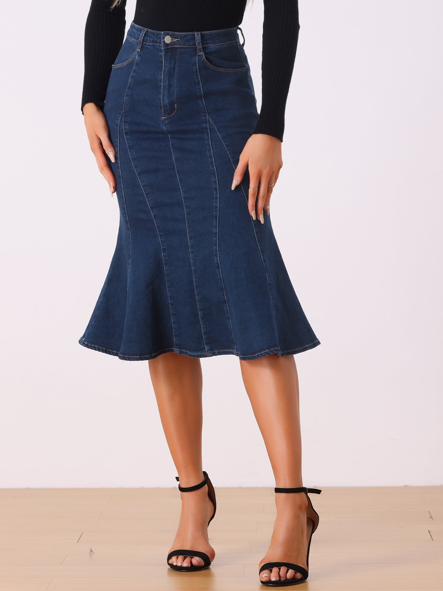 DARING DIVA Women's Denim High Waist Ruffle Fishtail Bodycon Midi Skirts S Deep Blue