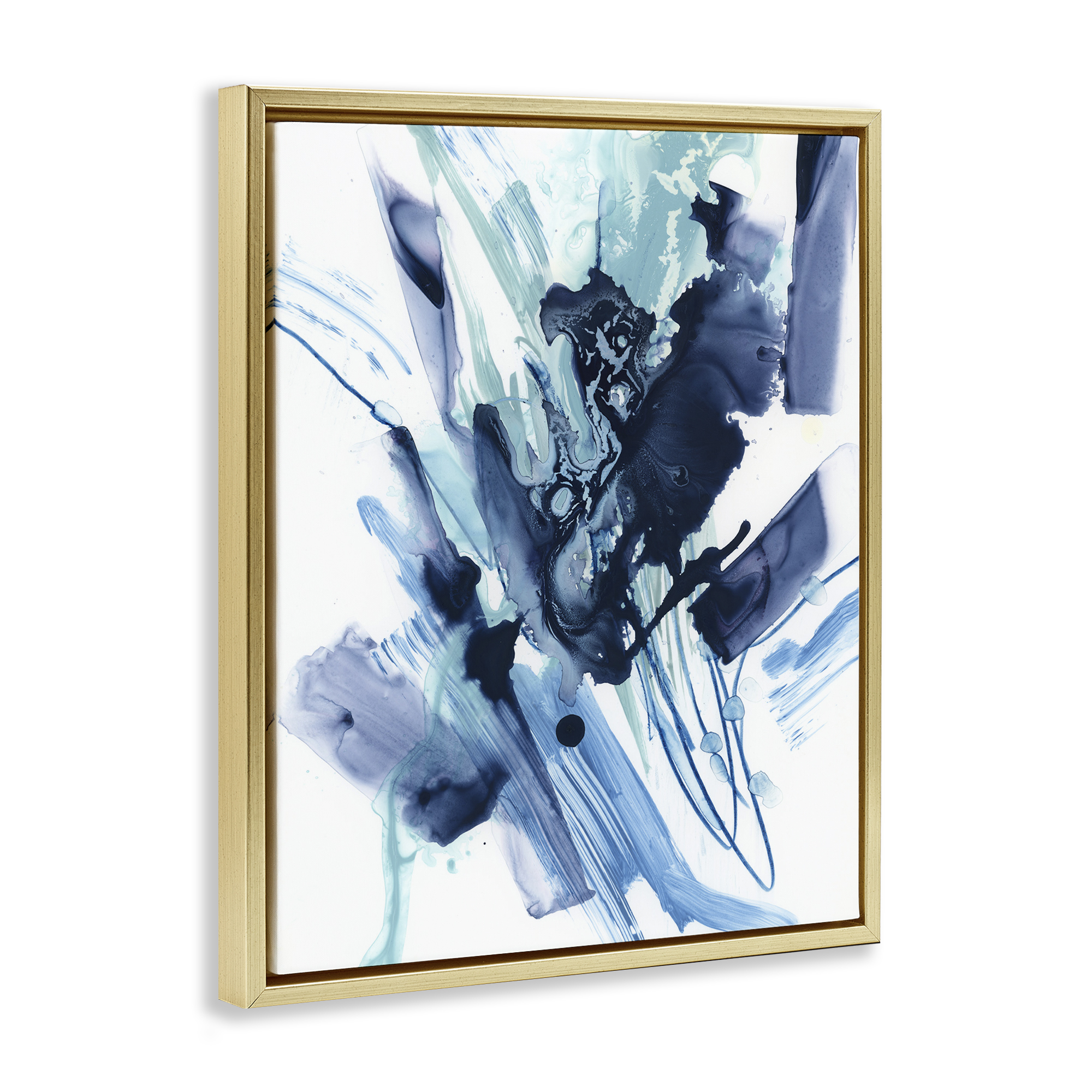 Stupell Industries Restless Blue Splash Abstract Painting Gold Floater Framed Canvas Art Print Wall Art, 17 x 21