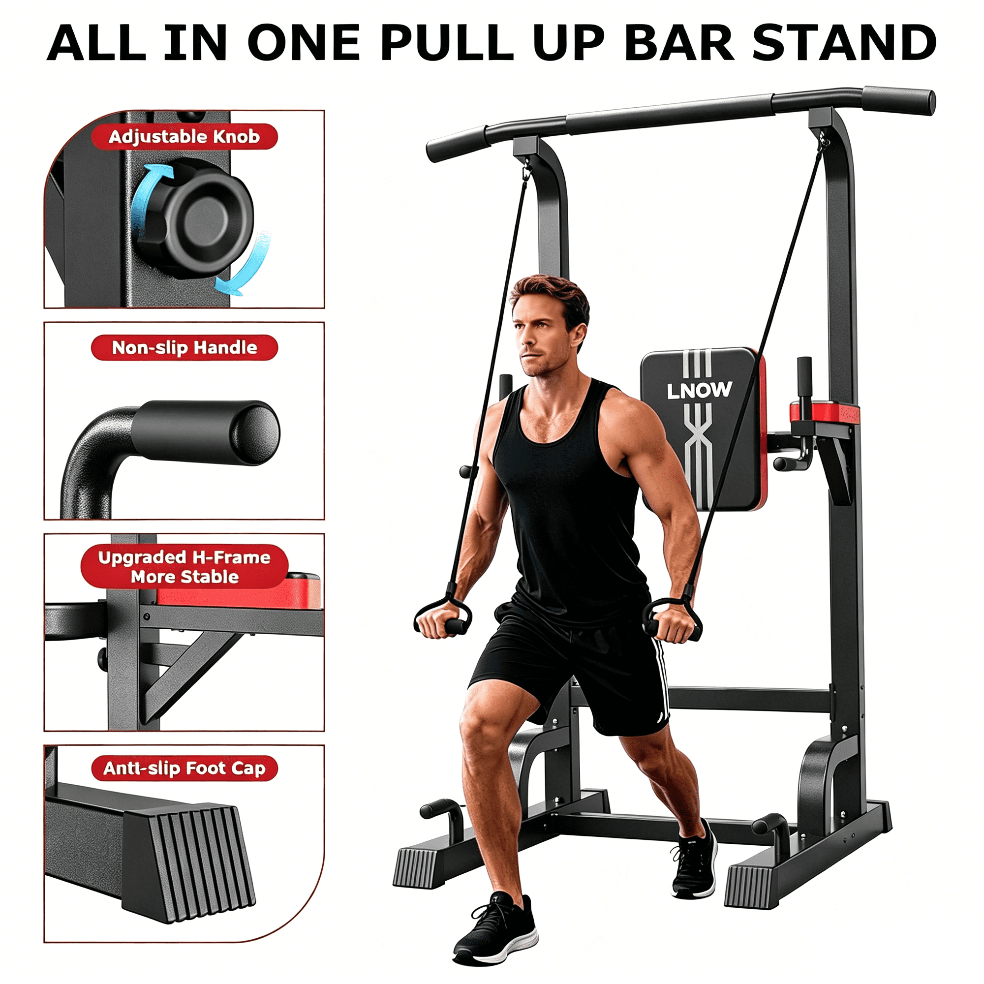 LNOW Adjustable Power Tower 480lbs Max Weight Multifunction Body Champ Dip Station Pull up Bar Power Rack for Home Gym Strength Training Workout Equipment