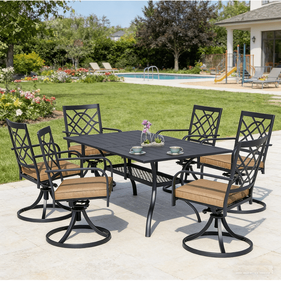 SUNCROWN 7-Piece Outdoor Dining Set Metal Swivel Cushioned Chairs Patio Furniture Sets with Steel Slat Bistro Table for Backyard, Lawn, Garden