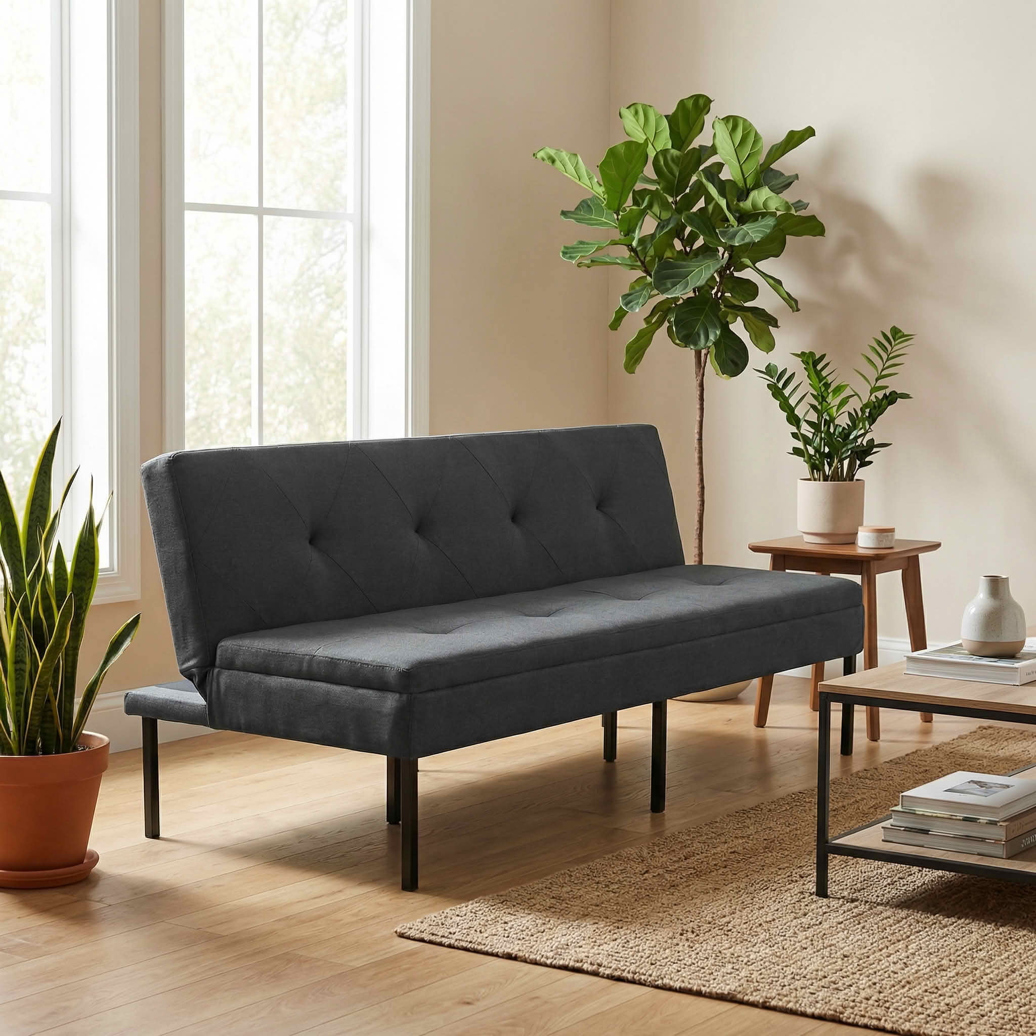 MAYEERTY 63.39" Convertible Futon Sofa Bed, 3-Seater Twin Size Sleeper Couch with 5-Position Adjustable Backrest, Modern Metal Frame Polyester Fabric Sofa for Small Spaces