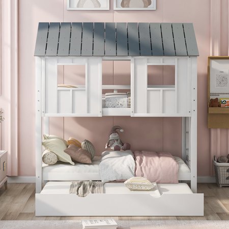 Kadyn Kids Bunk Loft Bed with Rollers/Roof/Windows  White