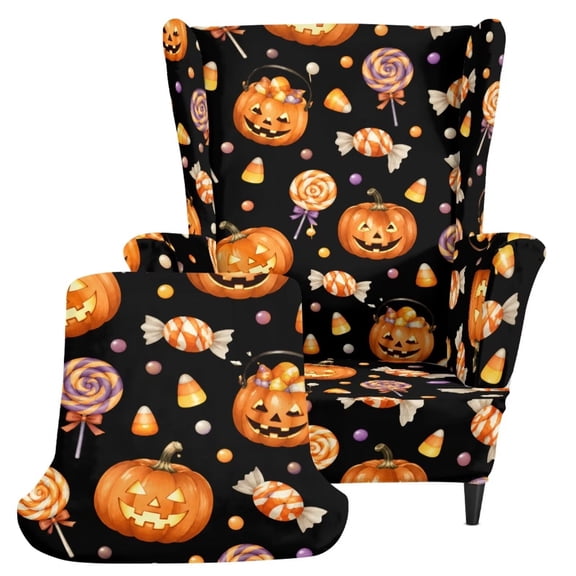 DISNIMO Halloween Pumpkin Candy Print 2-Piece Stretch Wingback Chair Covers Slipcover Soft Single-Seat Wing Chair Slipcovers Washable Furniture Protector with Elastic Bottom