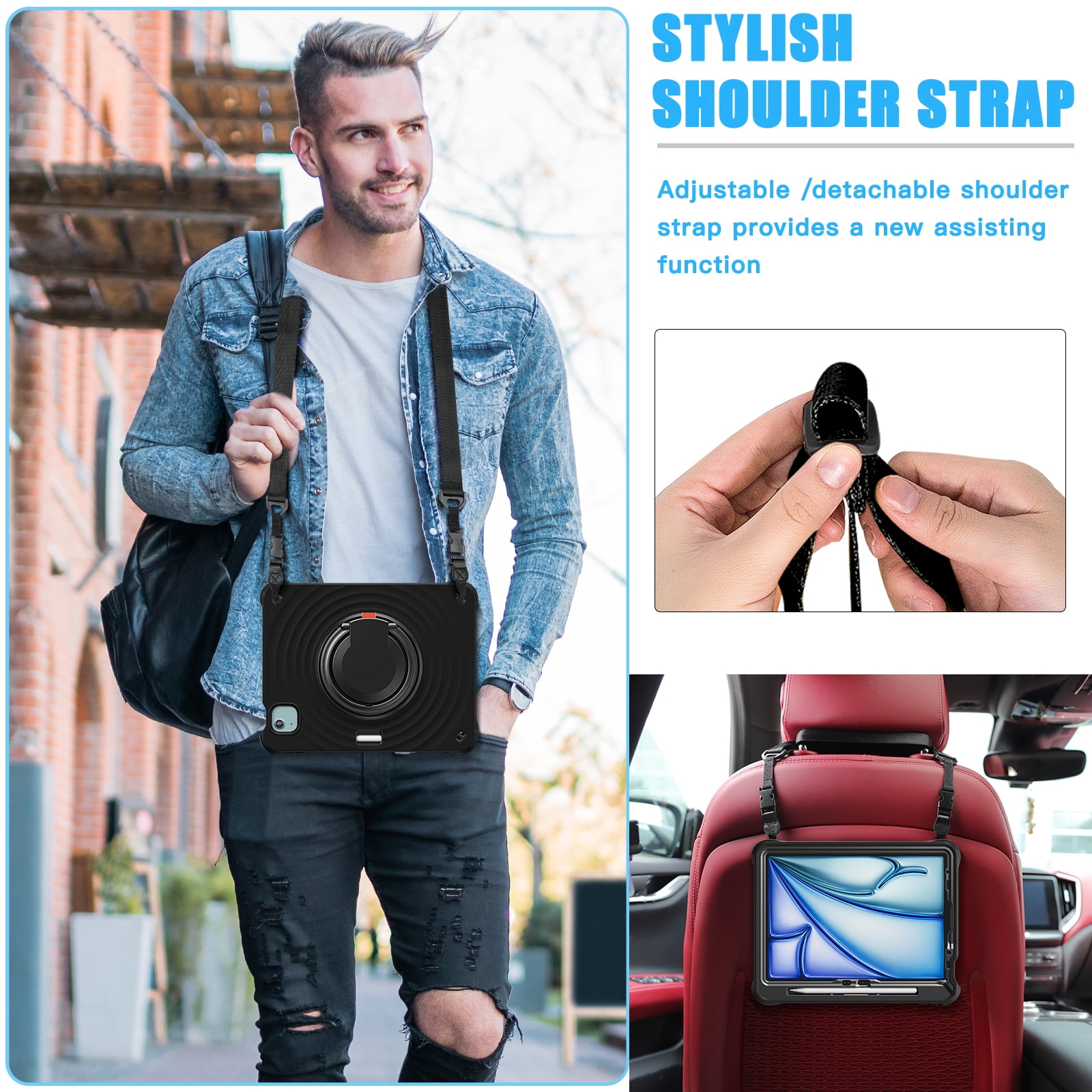 ELEHOLD Case for Apple iPad Air 11 (2024), Portable Hybrid Shockproof iPad Case with Pencil Holder & Hanging Ring Handle Rotatable Kickstand,Black