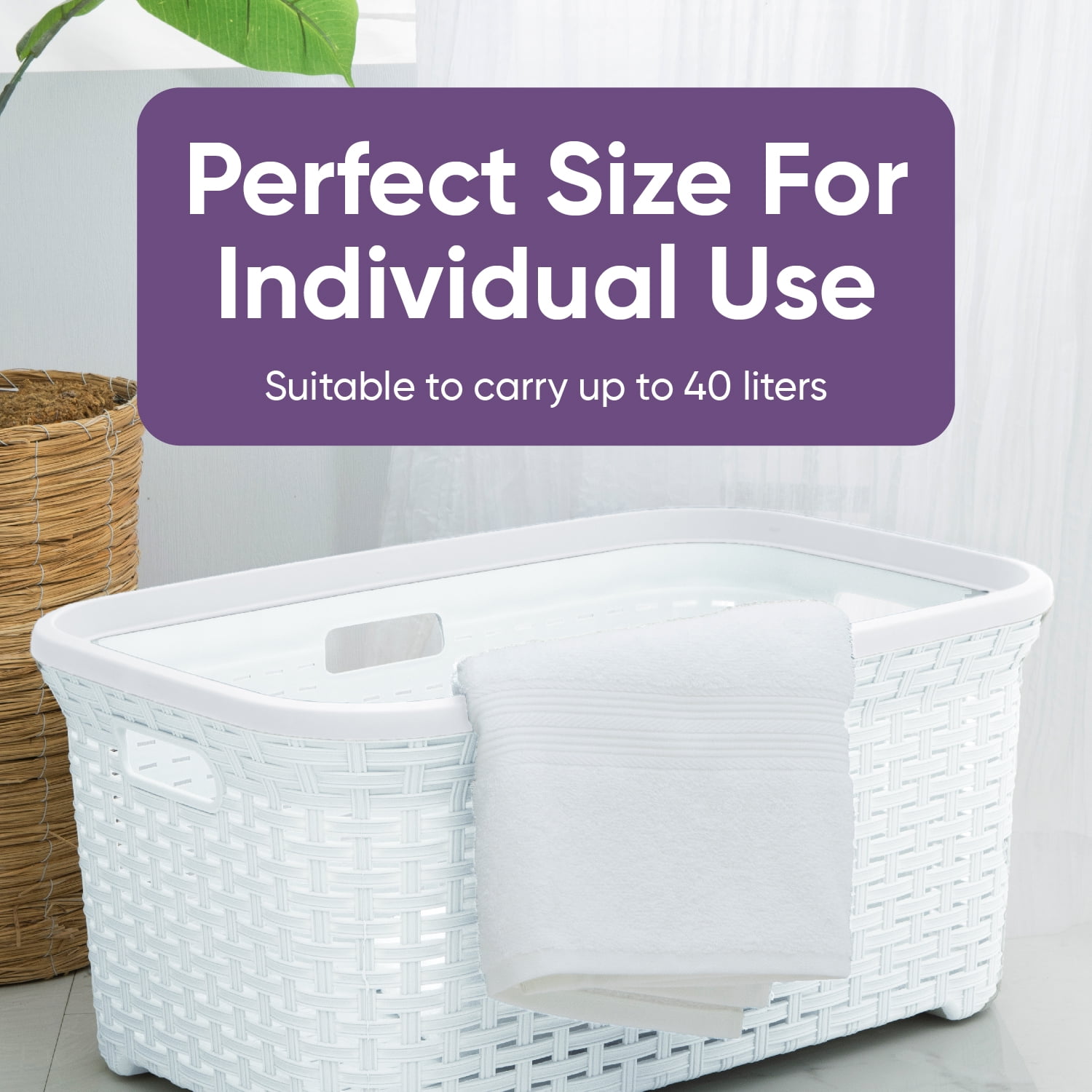 Superio Laundry Basket, Laundry Hamper, 50-liter wicker style basket with cutout handles, to storage dirty clothes, in washroom, or bedroom, white.