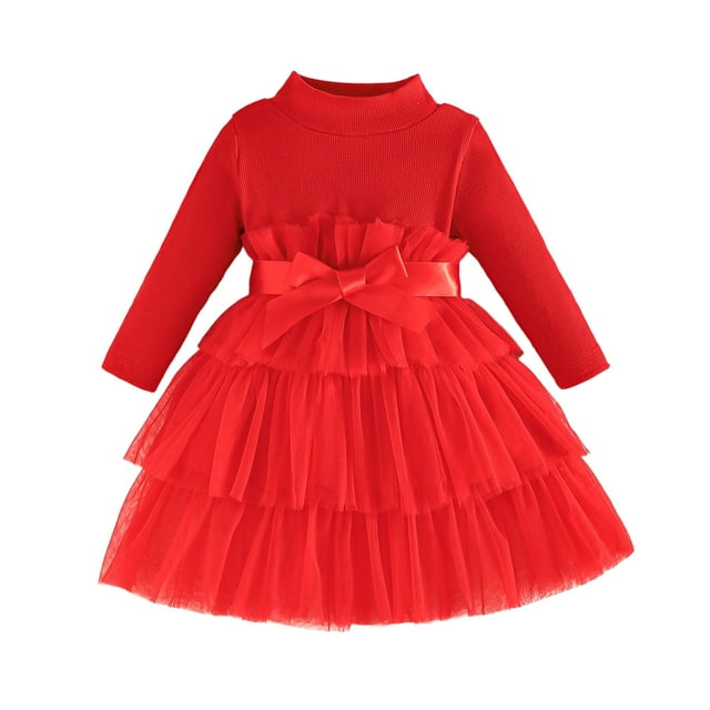 HXWCHs Robe Imprimée Élégante à Volants Col Montant Manches Longues pour Filles Fête d'Automne et Rouge 9-12 Mois