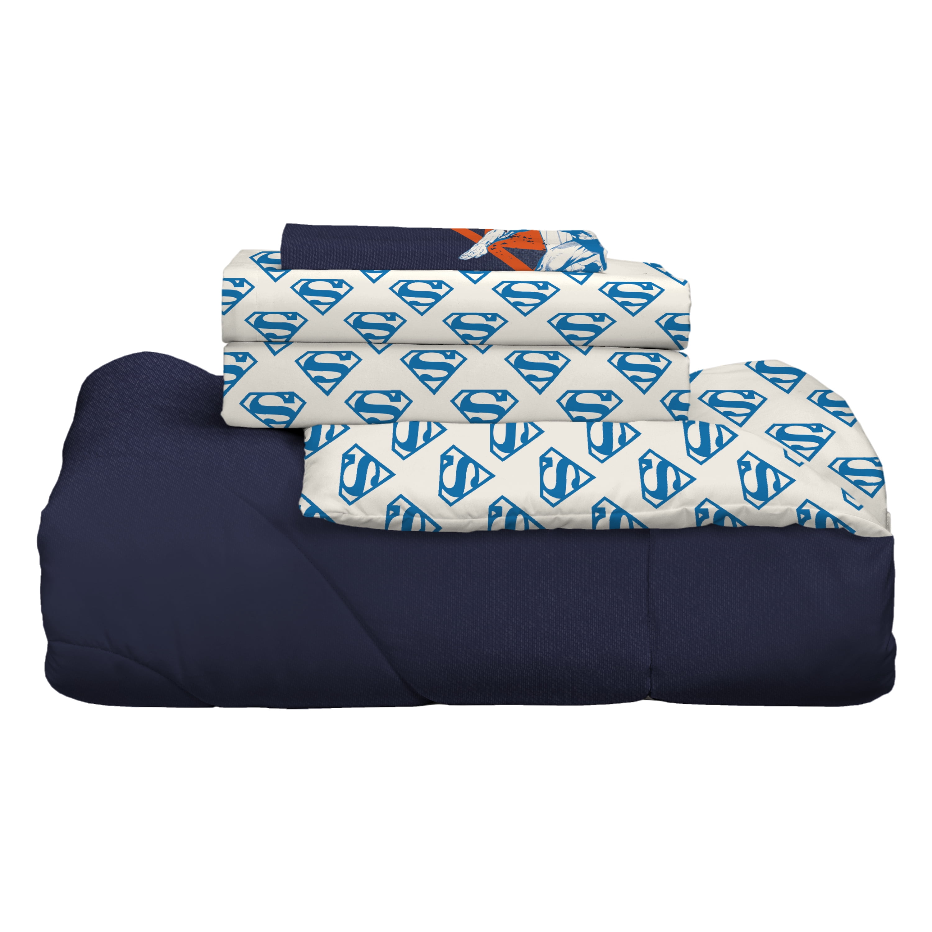 Superman Kids 4 Piece Reversible Comforter Set, Blue Gray, Twin Bed in a Bag
